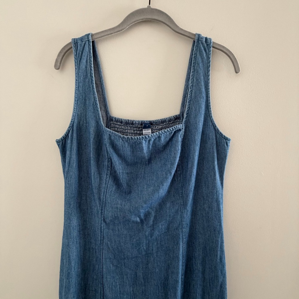 Old Navy Medium Wash Denim Midi Jumper Dress Smocked Back Square Neck Size M